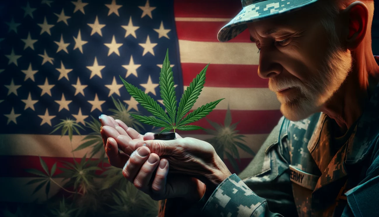 A high-resolution image symbolizing the historic passage of the FY24 MilCon-VA Appropriations Act, featuring a military veteran contemplating a cannabis leaf, representing newfound access to medical cannabis recommendations by VA doctors.