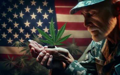 A high-resolution image symbolizing the historic passage of the FY24 MilCon-VA Appropriations Act, featuring a military veteran contemplating a cannabis leaf, representing newfound access to medical cannabis recommendations by VA doctors.