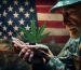 A high-resolution image symbolizing the historic passage of the FY24 MilCon-VA Appropriations Act, featuring a military veteran contemplating a cannabis leaf, representing newfound access to medical cannabis recommendations by VA doctors.