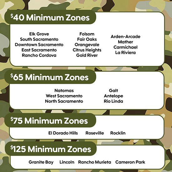 Vet Leaf delivery zones and minimum order amounts map in Sacramento area.