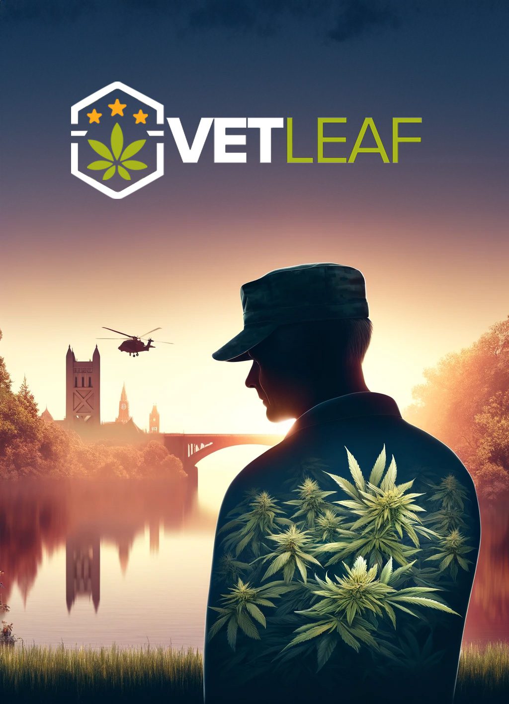 Silhouette of a veteran with a cannabis leaf design on the jacket overlooking a Sacramento landscape at sunset.